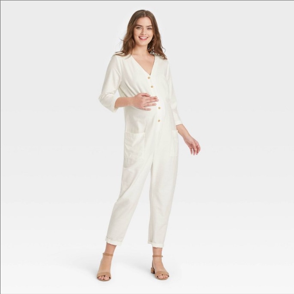 NWT The Nines by Hatch Maternity 3/4 Sleeve Button-Front Jumpsuit in Cream